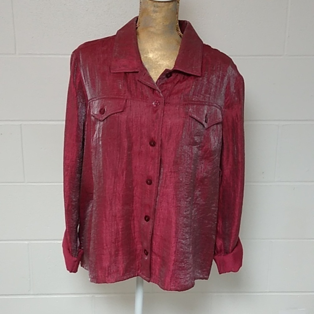 CROFTS & BARROW JEAN JACKET STYLED SHACKET BUTTON DOWN BURGUNDY